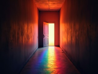 Obraz premium Rainbow shining from open door into dark hallway symbolizing self-acceptance