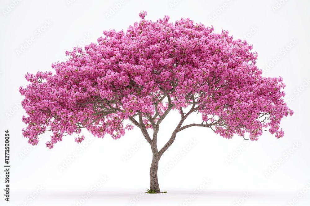 Poster a single tree branch with pink flowers against a clean white background, ideal for use in branding a