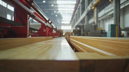 Machine processes plywood sheets in an industrial manufacturing facility