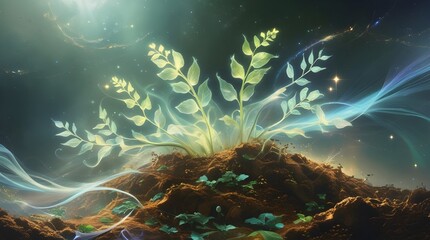 Luminescent Soil Flora, Ethereal Plants in Mystical Earth, Cosmic Nature Art, Anime Generated AI, Generative AI
