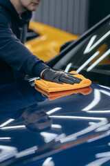 Fototapeta premium Wiping the blue car body with fiber after polishing