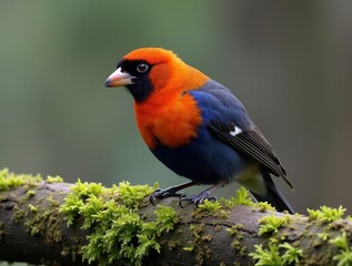 Fototapeta premium Colorful black-headed gonolek perching on mossy branch
