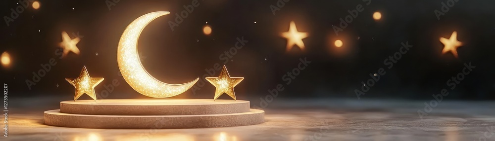 Aufkleber crescent moon and stars illuminated on a two tiered platform
