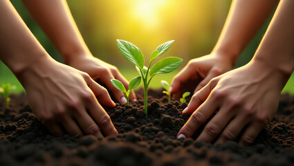 Fototapeta premium Hands planting seedlings, rich soil, teamwork, environmental care, close-up shot World Wildlife Day 2025 Collaboration, growth, and investment with friends in nature for future.