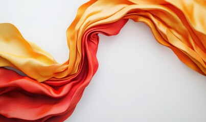 Obraz premium Flowing fabric in vibrant orange and red hues on a smooth white background, showcasing texture