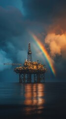 Obraz premium Oil rig under dramatic sky and rainbow at sunset