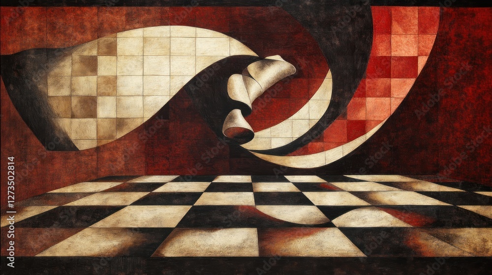 Poster abstract surreal painting features checkered surfaces and flowing shapes