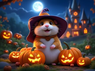 Naklejka premium Cute hamster wearing an oversized witch hat around pumpkins in a moonlit pumpkin patch next to a castle, Halloween 3D render