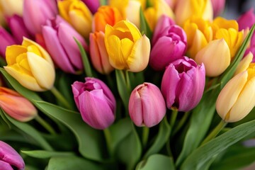 Fototapeta premium A bouquet of yellow and pink tulips in a decorative vase, perfect for home decor or gift giving
