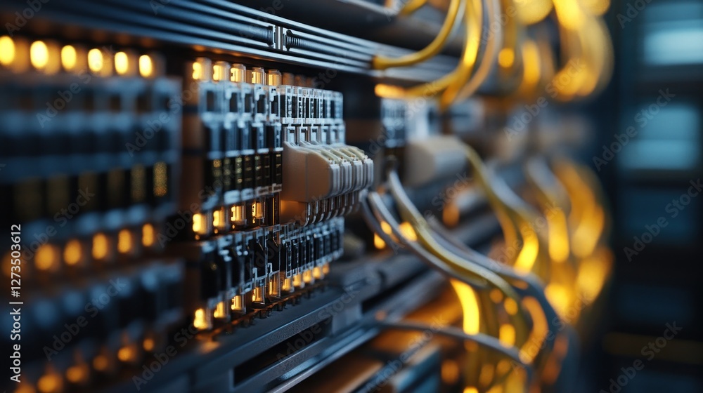 Poster close-up of illuminated server cables in data center