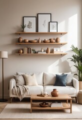 Modern Minimalist Living Room Interior with Wooden Shelves and Sofa