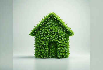 A green house icon formed by lush leaves against a white background. Depicts home, nature, and environment. Ideal for eco-friendly, real estate, or design projects.