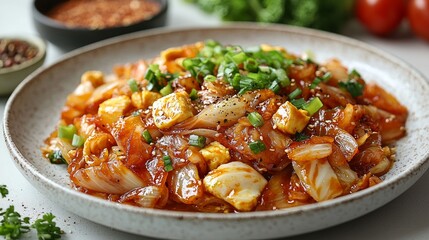 Stir-fried cabbage with egg and spices on plate