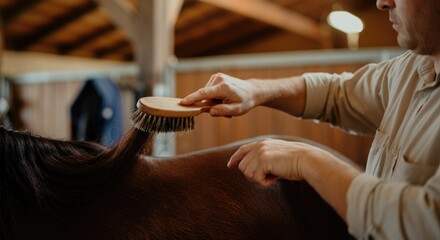 Person grooming horse inside stable using brush