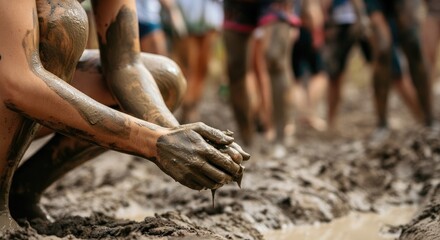 People covered in mud participating muddy outdoor activity