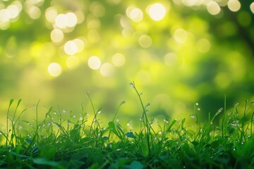 Obraz premium Morning dew on vibrant green grass.