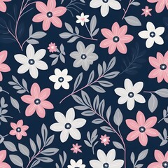 Seamless Floral Pattern Pink, White, and Gray Flowers on Navy Blue Background