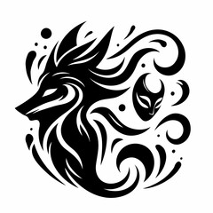Fototapeta premium Mystical fox and spirit mask in black ink fantasy illustration
