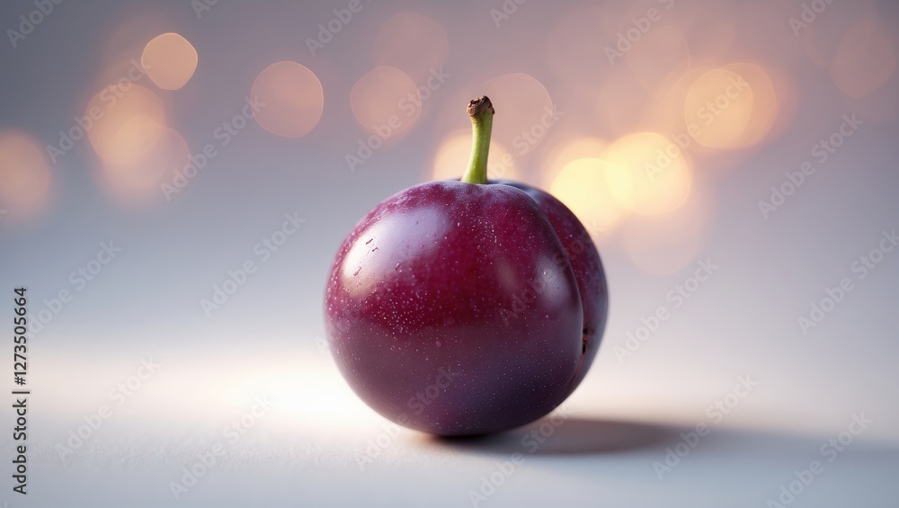 Aufkleber fresh purple plum with dew droplets and soft bokeh background creates a serene and appetizing atmosp