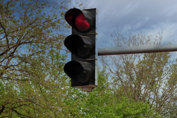 Traffic light on a pole showing red light high up with trees and sky in background                            