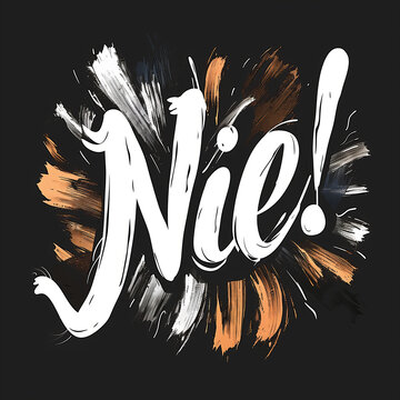 Białe litery "NIE" w stylu grunge na czarnym tle