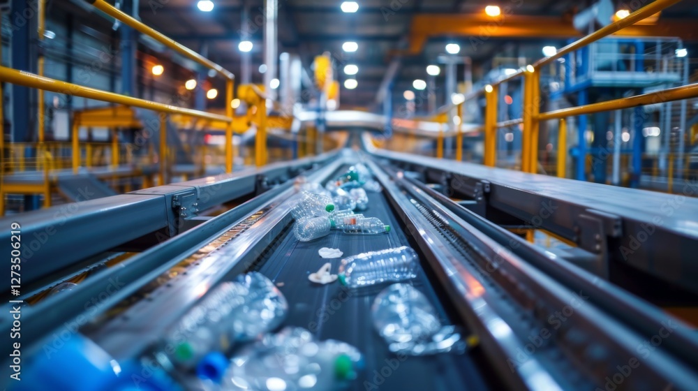 Leinwandbilder Plastic bottles and containers are being sorted and processed on a conveyor system inside a recycling facility during daytime operations with artificial lighting.