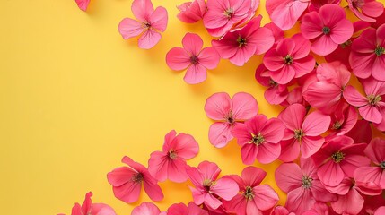 Fototapeta premium Pink flowers on a yellow background with space to copy. Spring background for greeting card.