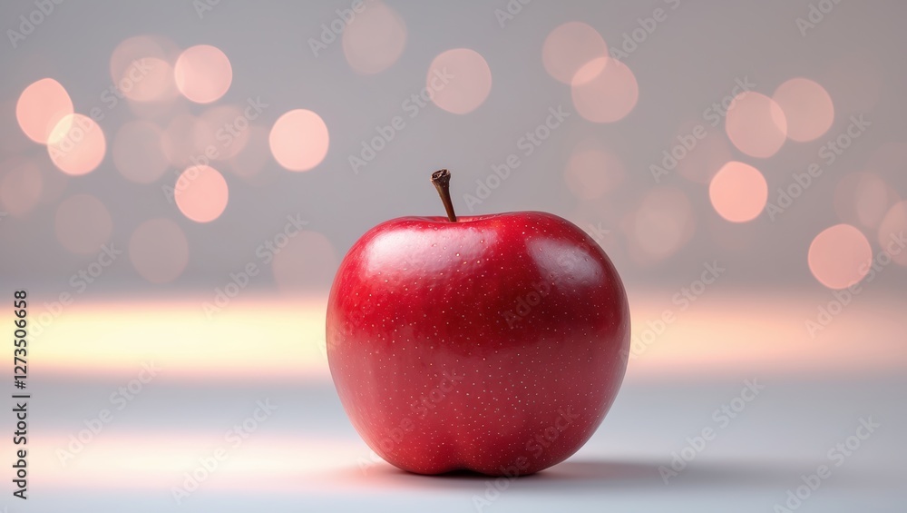 Poster bright red apple stands alone on a soft surface with a warm bokeh background in a cozy setting