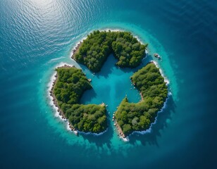 Fototapeta premium A green island forms a recycle symbol surrounded by blue water. Depicts environment, sustainability, and nature. Ideal for eco-friendly, conservation, or design projects.