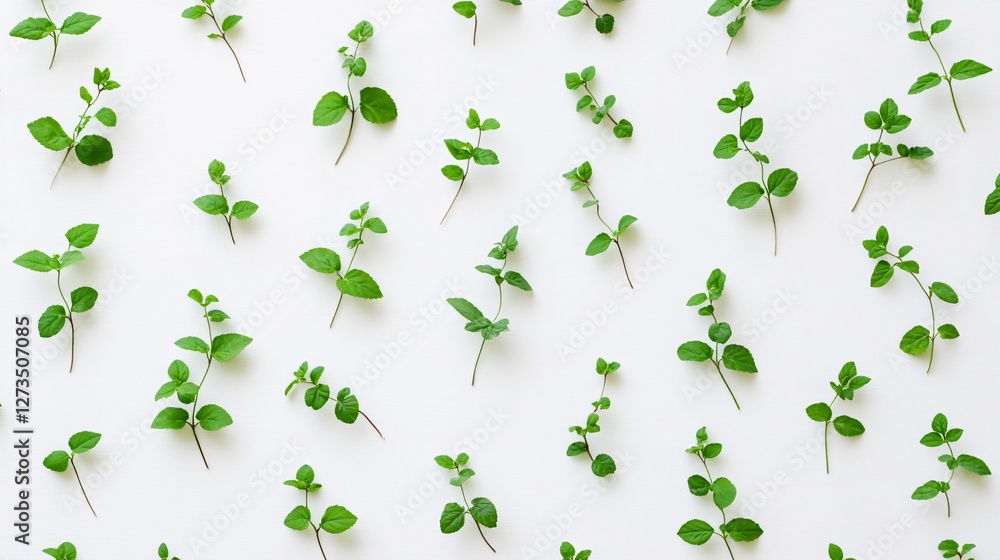 Aufkleber a clean and simple pattern with small green leaves in a repetitive arrangement on a white canvas