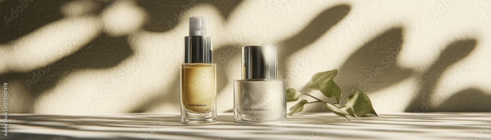 Poster elegant skincare bottles displayed with a leafy sprig