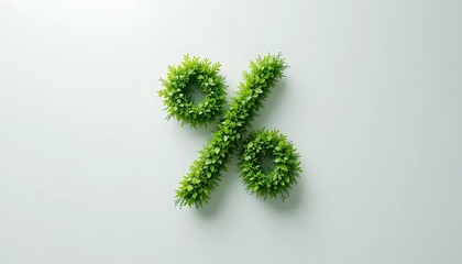 A green percentage sign icon formed by lush leaves against a white background. Depicts discount, sale, and nature. Ideal for eco-friendly, promotion, or design projects.