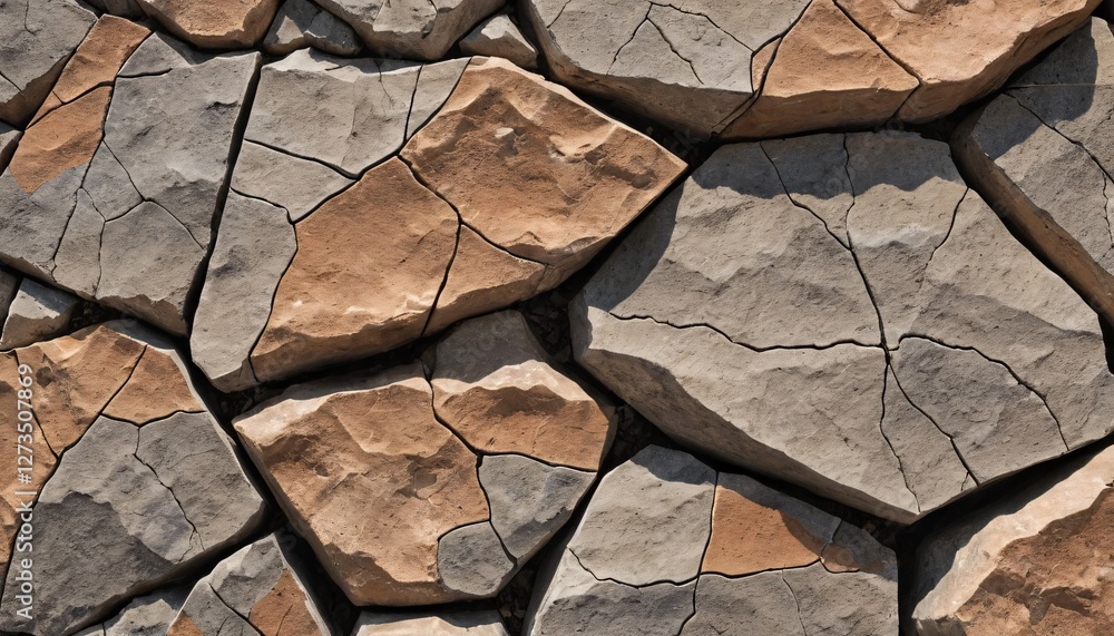 Poster Natural Stone Texture... Rough Rock Surface... Grey and Brown Stone Arrangement... Organic Stone Wall Detail... Rock Formation Pattern... Warm Natural Feel