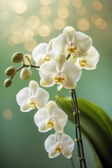 Beautiful white orchid blooms presented against a soft green background with gentle bokeh for a serene atmosphere