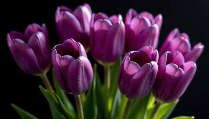 Fototapeta premium Purple tulips arranged against black background
