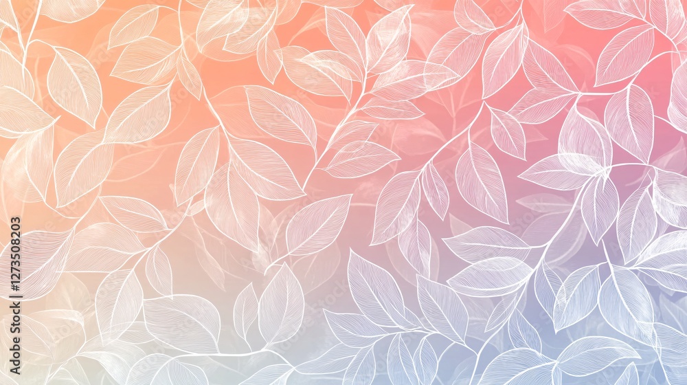 Poster a subtle leafy pattern with white outline leaves on a soft gradient pastel background