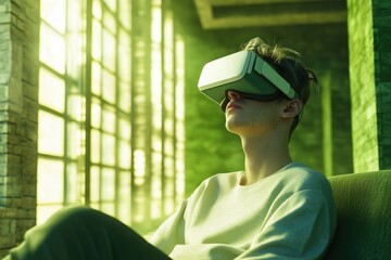 Young man immersed in virtual reality experience, enjoying a futuristic digital world.
