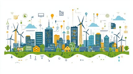 Sustainable City Skyline Illustration - Eco-Friendly Buildings, Renewable Energy, and Green Technology