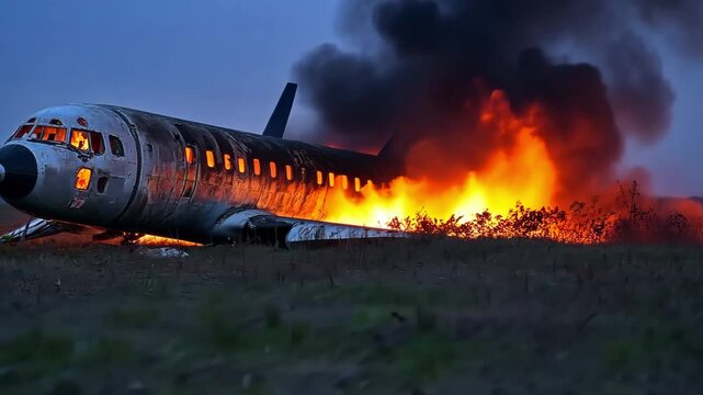In a field, a passenger plane crashed and caught flames.