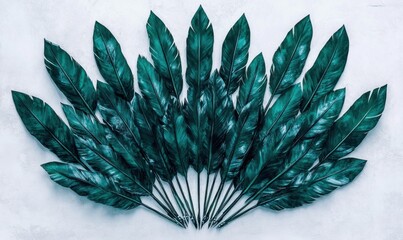A stunning arrangement of lush green feathers laid out symmetrically against a soft background, ideal for nature-themed projects