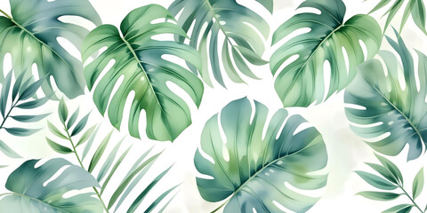 Elegant watercolor Monstera leaves with soft gradients and delicate transparency ideal for modern decor and stationery