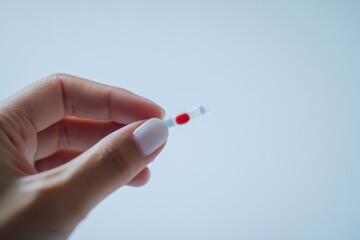 A person placing a drop of blood on a glucose test strip. Featuring precision and health monitoring