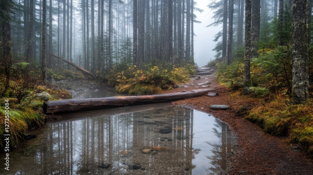 Poster fallen log bridges stream in misty forest landscape scene