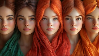 Fototapeta premium Five Individuals in Colorful Scarves Arranged in a Row