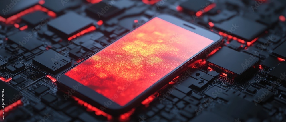 Poster a smartphone displaying vibrant red graphics rests on a circuit board, symbolizing technology and in