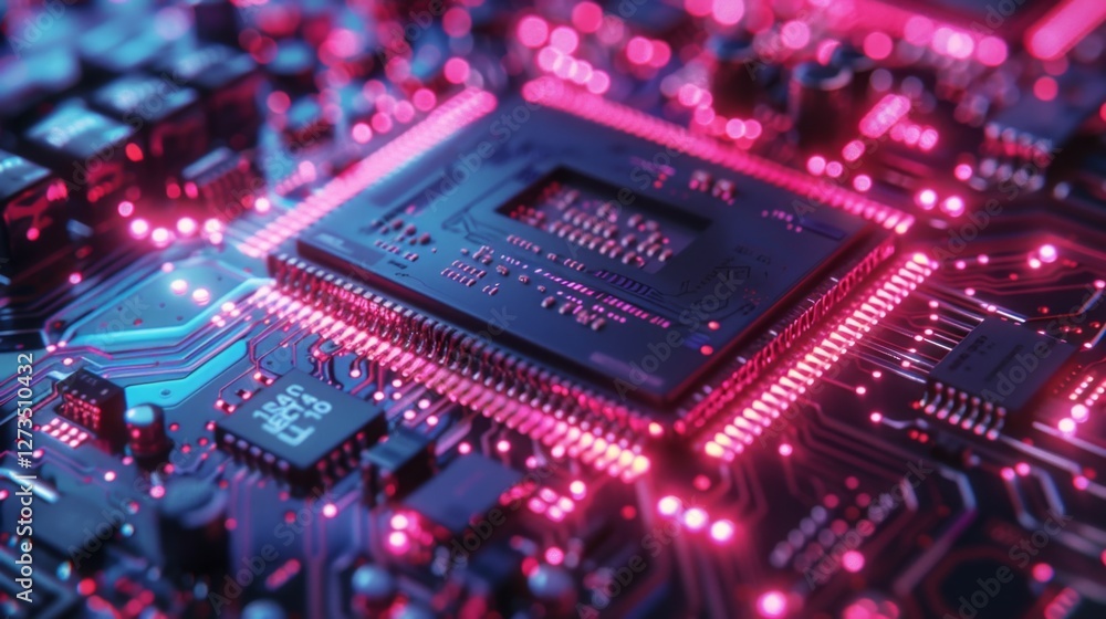 Poster exploration of a vibrant microprocessor on a cyber-themed circuit board illuminated with pink lights