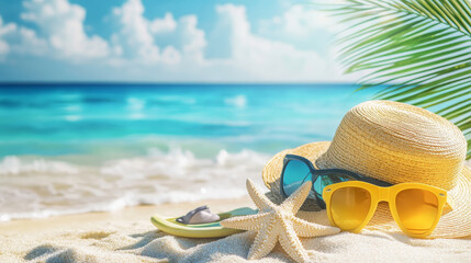 Summer sale set of banner, brochures, flyers, posters. Best price. Vacation on seaside with palms, flippers, surf, hat, sunglasses, starfish, shell, sailboat. Discount for summer equipment.