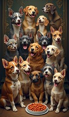 A joyful gathering of various dog breeds, showcasing their playful and friendly nature, perfect for pet-related marketing materials or campaigns.