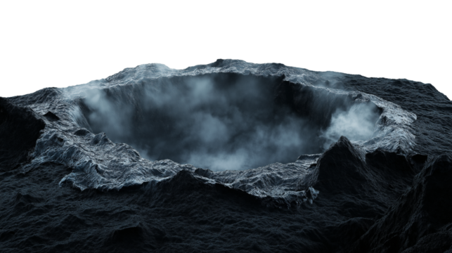 Volcanic crater with steam rising from the center isolated on transparent white background