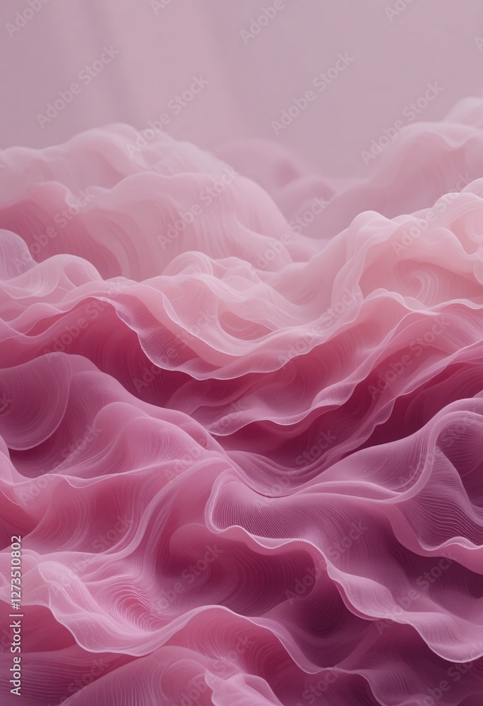 Poster Soft Pink Fabric Waves. Delicate Material Flowing Gently. Romantic Texture. Ethereal Elegance. Dreamy Background. Light Filtering Through. Ruffles and Depth. Beautiful Color. Gentle Movement.